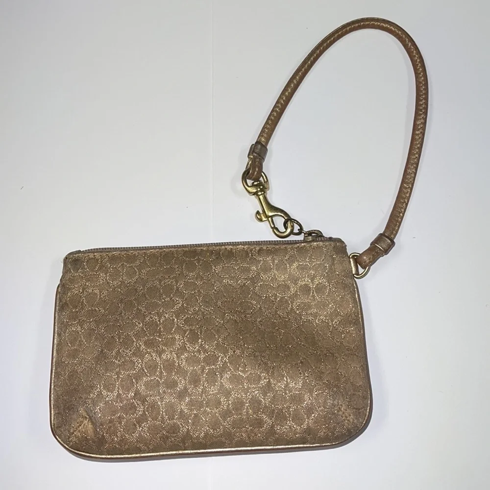 Coach Beige Satin Gold Thread Small Wristlet